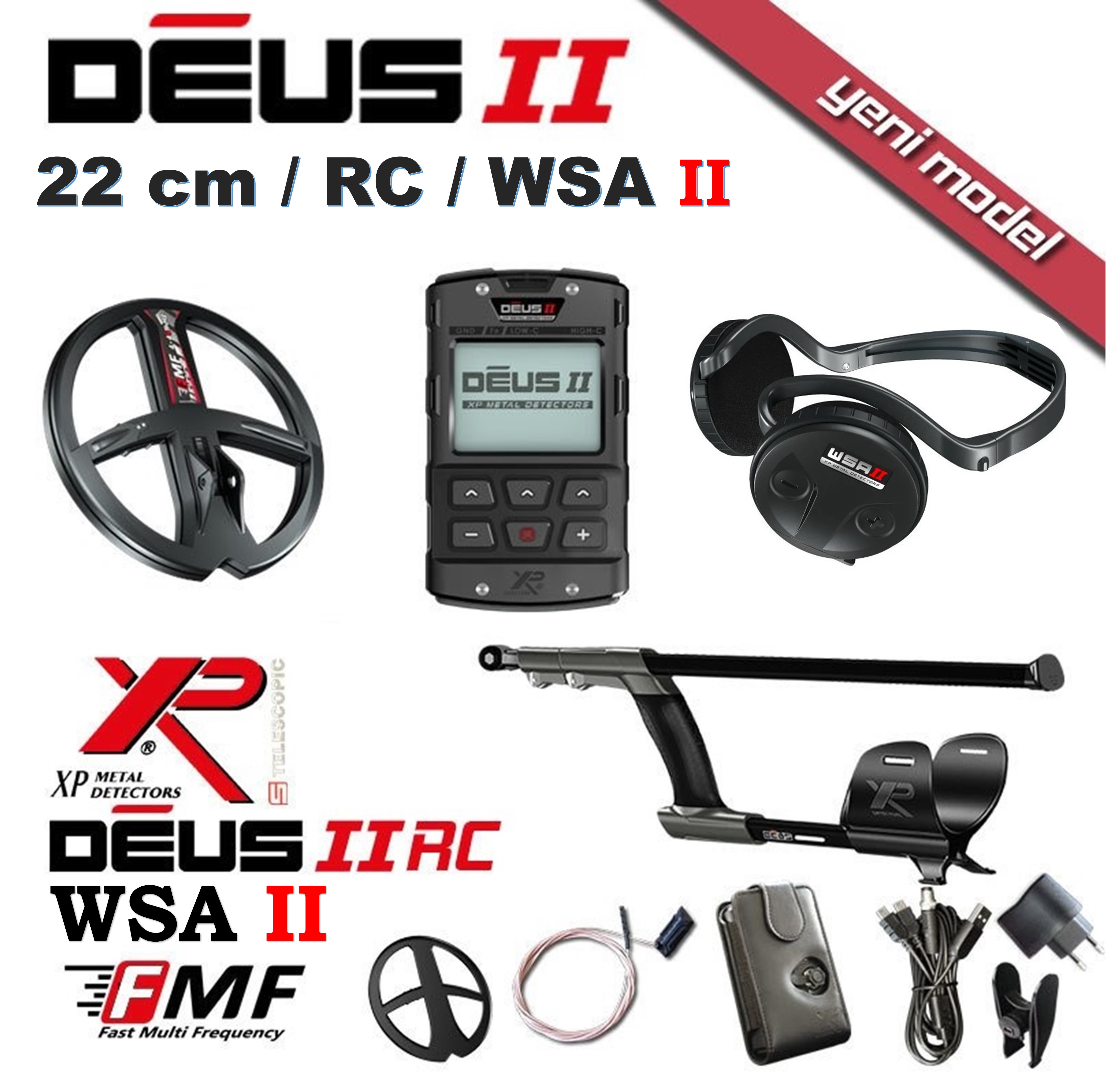 Deus 2 Dedektör - 22,5cm FMF Başlık, Ana Kontrol Ünitesi, WSA2 Kulaklık